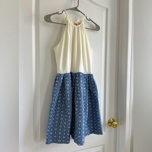 Size 4 Hutch Dress- Cream halter top with a navy and cream pattern bottom